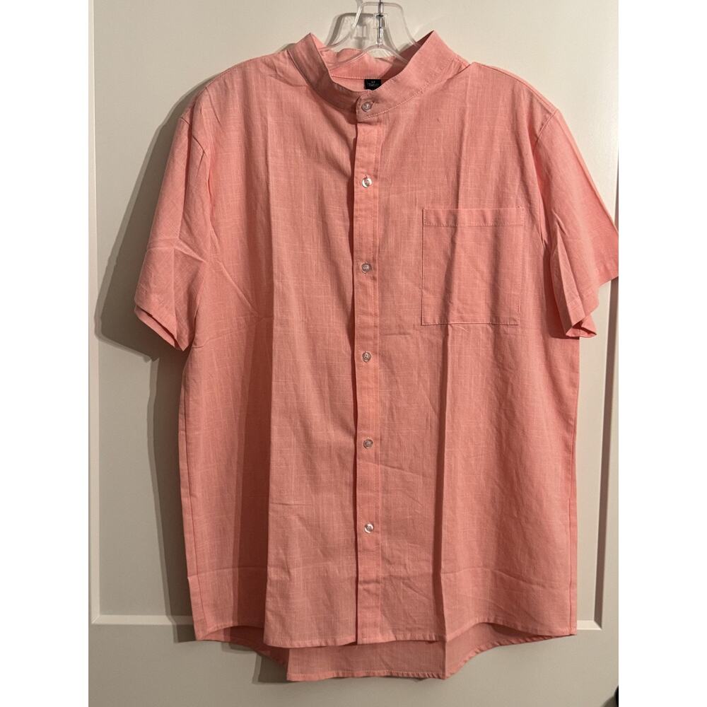 Ouku Shirt Mens Medium Pink Cotton Linen Short Sleeve Button Front Casual Summer